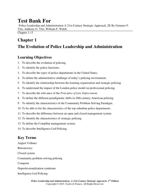 Instructor's Guide with Test Bank Police Leadership and Administration A 21st-Century Strategic Approach, 2nd Edition By Gennaro F. Vito, Anthony G. Vito, William F. Walsh