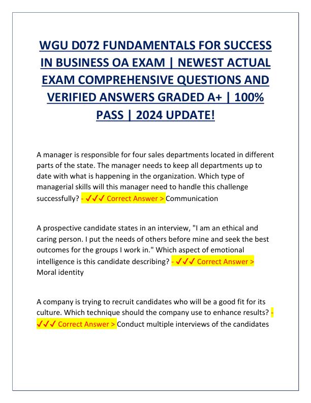 WGU D072 FUNDAMENTALS FOR SUCCESS IN BUSINESS OA EXAM.pdf