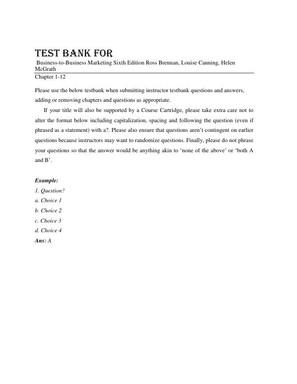 Test Bank For Business-to-Business Marketing Sixth Edition By Ross Brennan, Louise Canning, Helen McGrath