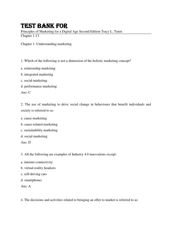 Test Bank For Principles of Marketing for a Digital Age Second Edition By Tracy L. Tuten
