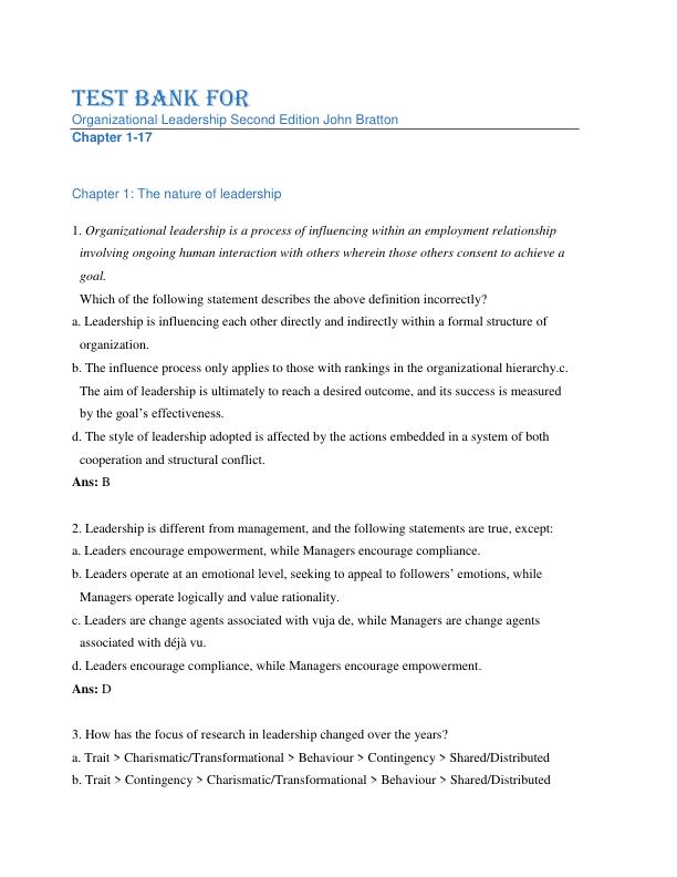Test Bank For Organizational Leadership Second Edition By John Bratton