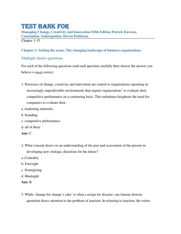 Test Bank For Managing Change, Creativity and Innovation Fifth Edition By Patrick Dawson, Constantine Andriopoulos, Steven Pattinson