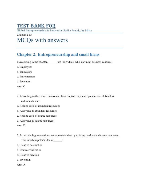 Test Bank For Global Entrepreneurship & Innovation Sarika Pruthi, Jay Mitra