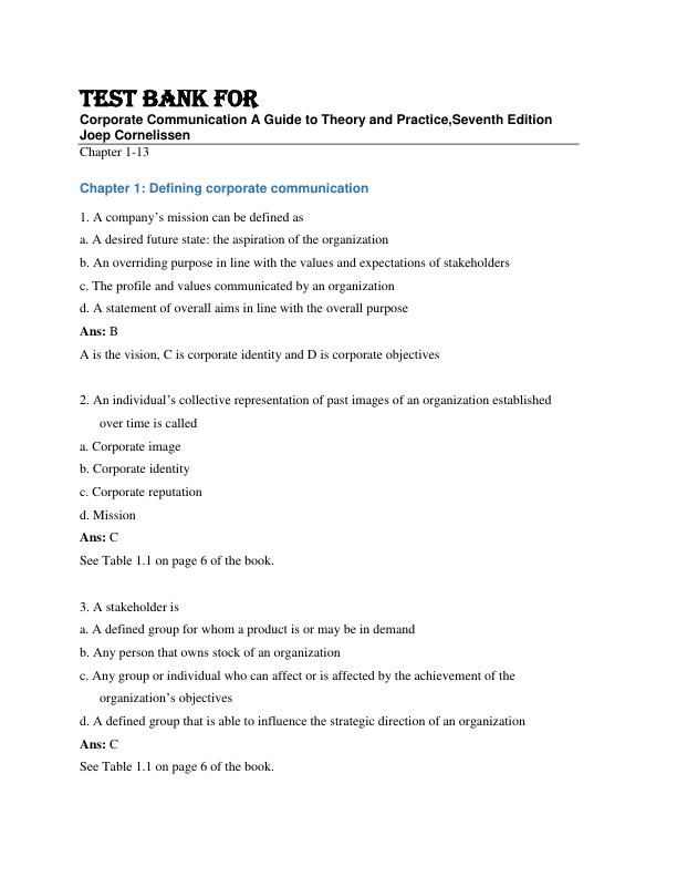 Test Bank For Corporate Communication A Guide to Theory and Practice,Seventh Edition By Joep Cornelissen