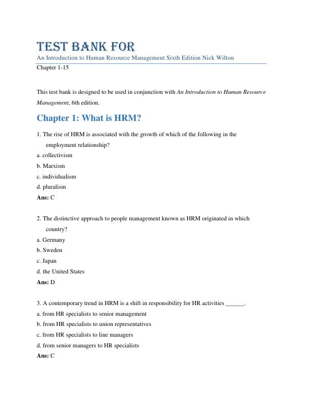 Test Bank For An Introduction to Human Resource Management Sixth Edition By Nick Wilton