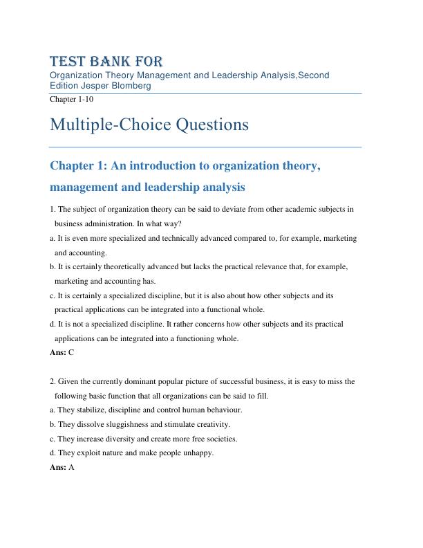 Test Bank For Organization Theory Management and Leadership Analysis,Second Edition By Jesper Blomberg