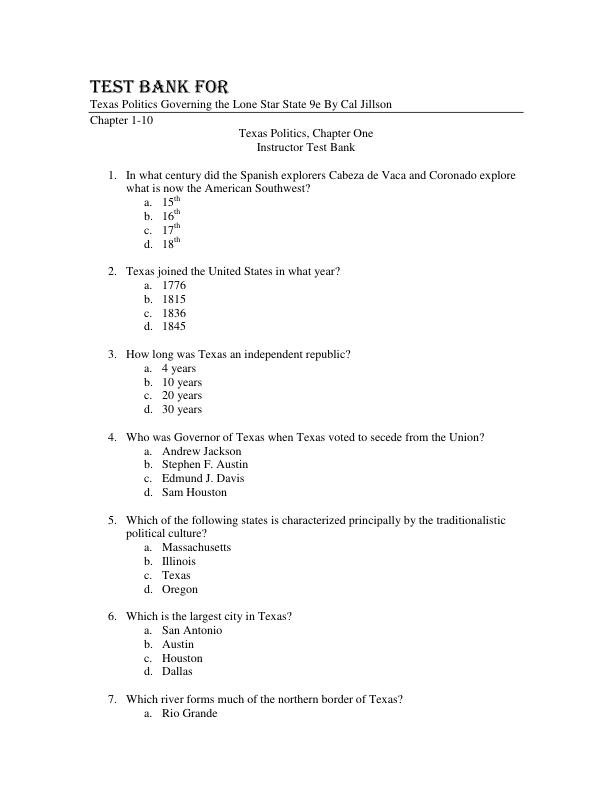 Test Bank For Texas Politics Governing the Lone Star State 9th Edition By Cal Jillson