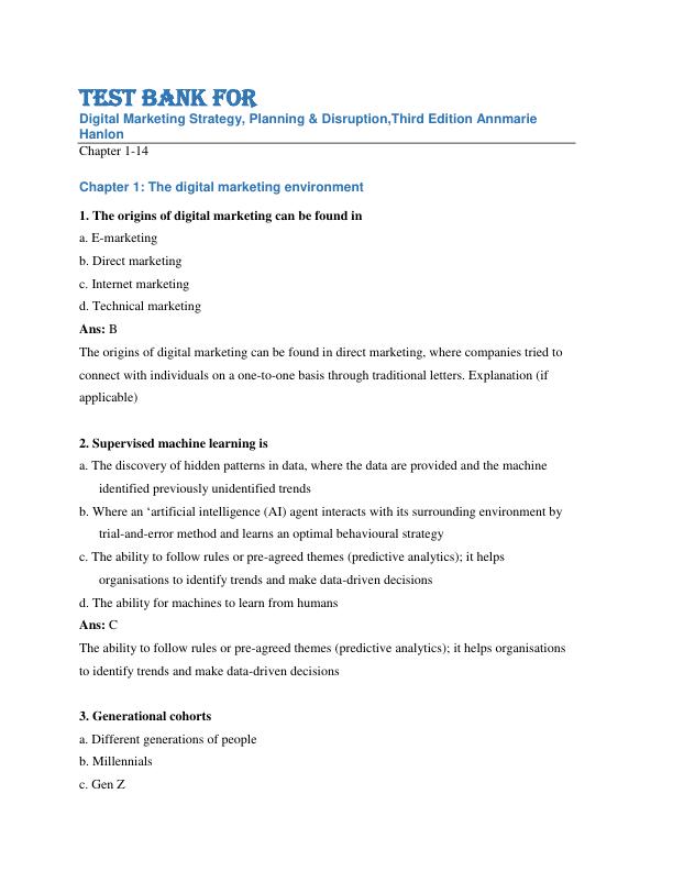 Test Bank For Digital Marketing Strategy, Planning & Disruption,Third Edition By Annmarie Hanlon