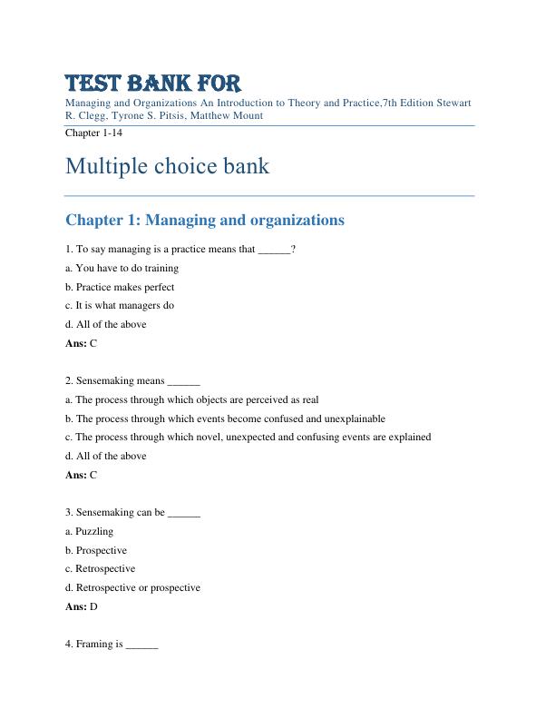 Test Bank For Managing and Organizations An Introduction to Theory and Practice,7th Edition By Stewart R. Clegg, Tyrone S. Pitsis, Matthew Mount