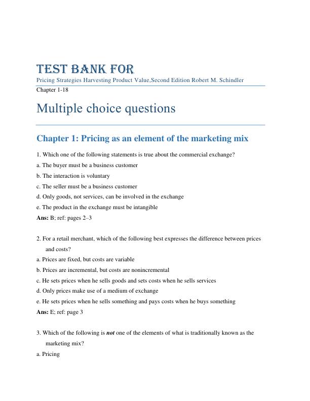 Test Bank For Pricing Strategies Harvesting Product Value,Second Edition By Robert M. Schindler