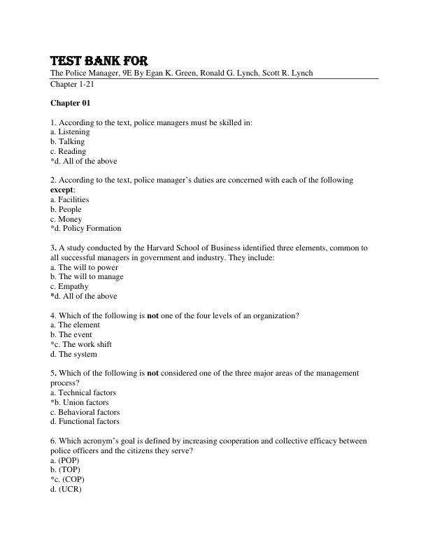 Test Bank For The Police Manager, 9th Edition By Egan K. Green, Ronald G. Lynch, Scott R. Lynch