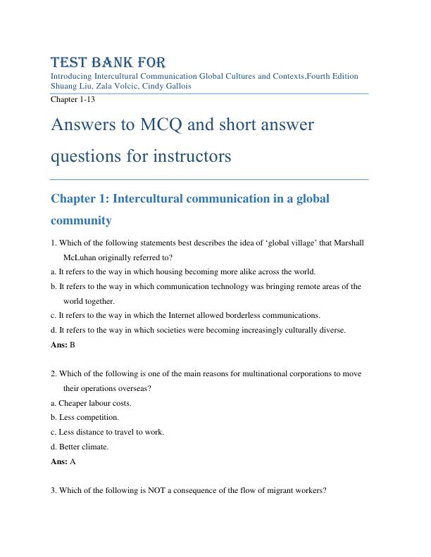Test Bank For Introducing Intercultural Communication Global Cultures and Contexts,Fourth Edition By Shuang Liu, Zala Volcic, Cindy Gallois