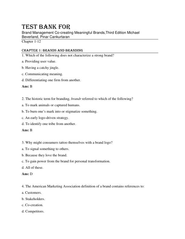 Test Bank For Brand Management Co-creating Meaningful Brands,Third Edition By Michael Beverland, Pinar Cankurtaran