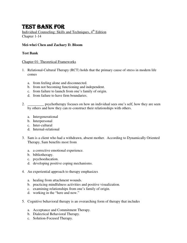 Test Bank For Individual Counseling and Therapy Skills and Techniques, 4E