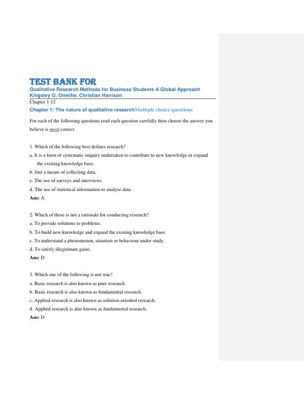 Test Bank For Qualitative Research Methods for Business Students A Global Approach Kingsley O. Omeihe, Christian Harrison