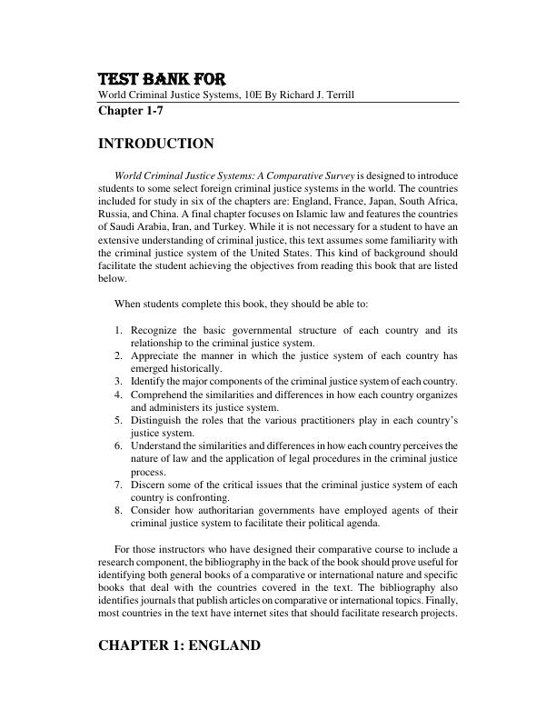 Test Bank For  World Criminal Justice Systems, 10th Edition By Richard J. Terrill