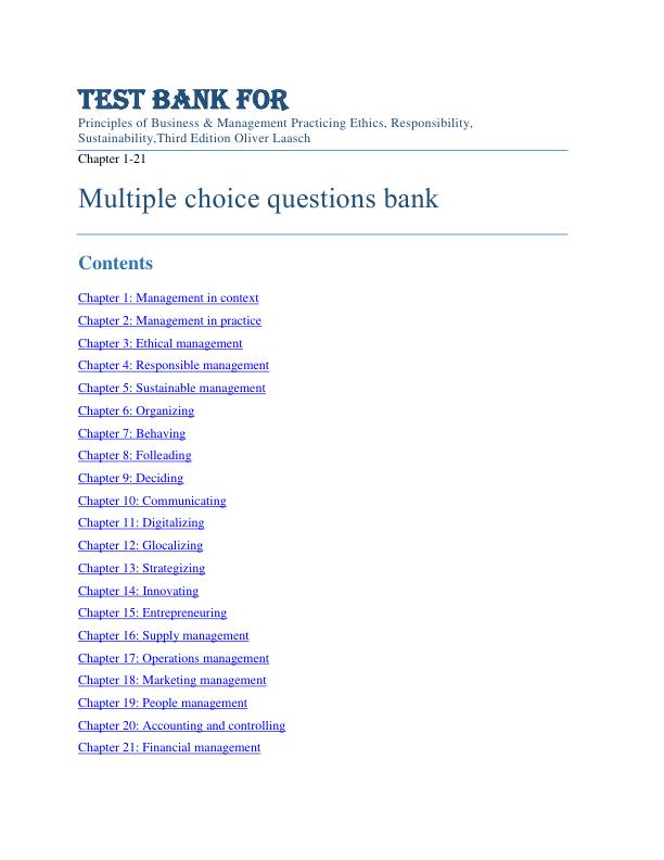 Test Bank For Principles of Business & Management Practicing Ethics, Responsibility, Sustainability,Third Edition By Oliver Laasch