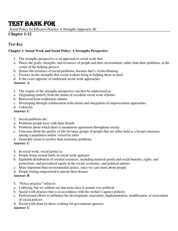 Test Bank For Social Policy for Effective Practice A Strengths Approach, 6th Edition By
