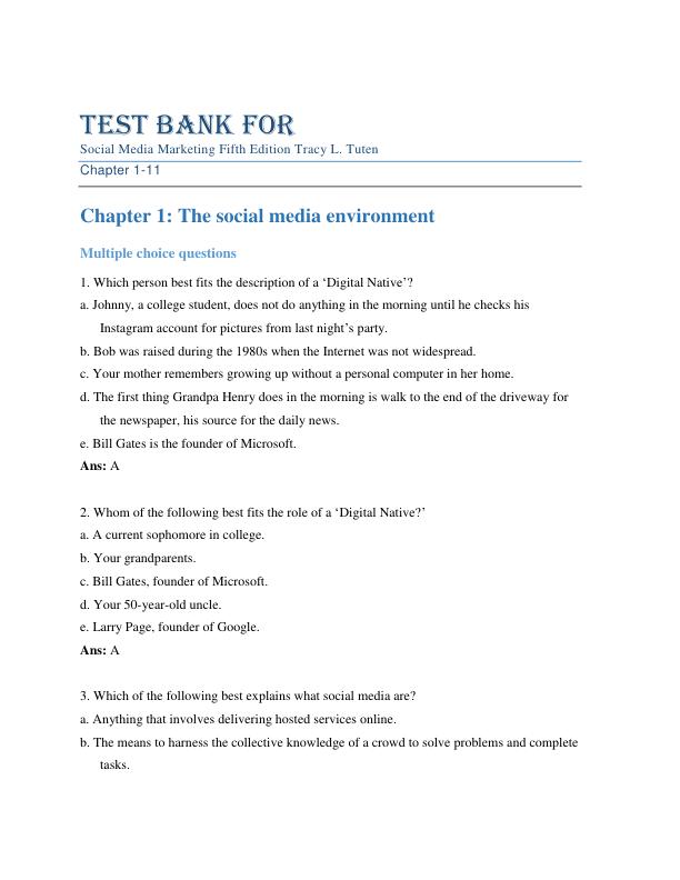 Test Bank For Social Media Marketing Fifth Edition By Tracy L. Tuten