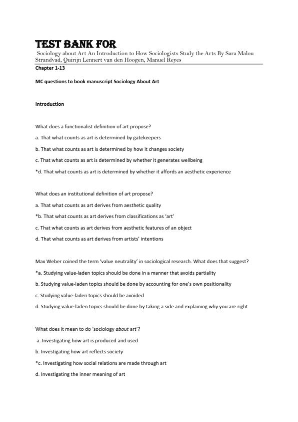 Test Bank For Sociology about Art An Introduction to How Sociologists Study the Arts By Sara Malou Strandvad, Quirijn Lennert van den Hoogen, Manuel Reyes