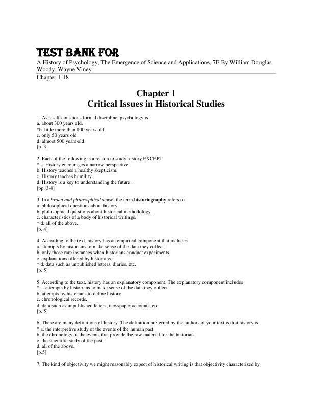 Test Bank For A History of Psychology, The Emergence of Science and Applications, 7th Edition  By William Douglas Woody, Wayne Viney