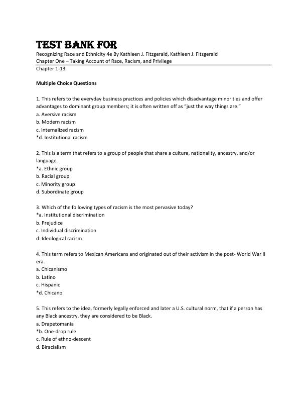 Test Bank For Recognizing Race and Ethnicity 4th Edition By Kathleen J. Fitzgerald, Kathleen J. Fitzgerald