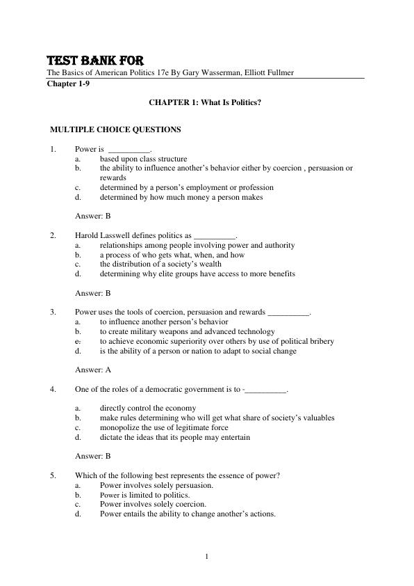 Test  Bank For The Basics of American Politics 17th Edition  By Gary Wasserman, Elliott Fullmer