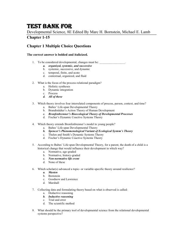 Test Bank For Developmental Science, 8th Edition by  Marc H. Bornstein, Michael E. Lamb