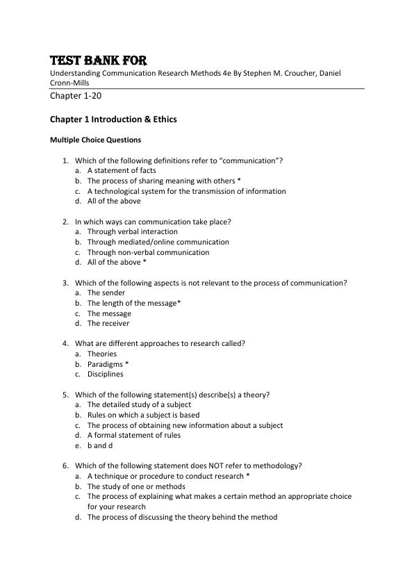 Test Bank For  Understanding Communication Research Methods 4th Edition  By Stephen M. Croucher, Daniel Cronn-Mills