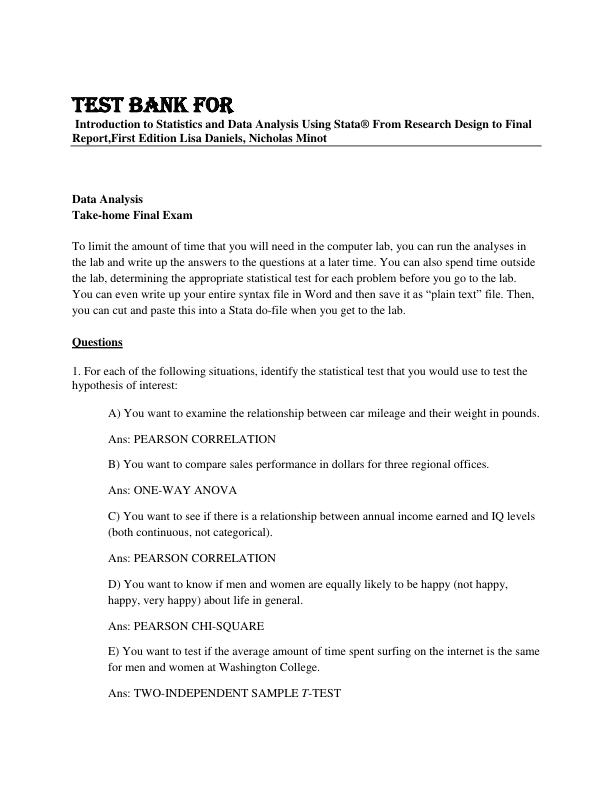 Test Bank For An Introduction to Statistics and Data Analysis Using Stata® From Research Design to Final Report,First Edition By Lisa Daniels, Nicholas Minot