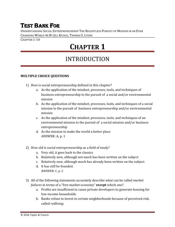 Test Bank For Understanding Social Entrepreneurship The Relentless Pursuit of Mission in an Ever Changing World 4th By Jill Kickul, Thomas S. Lyons