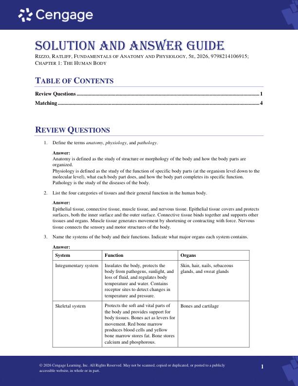 Solution Manual For Fundamentals of Anatomy and Physiology 5th Edition by Dr. Donald C. Rizzo, Elisa Ratliff Copyright 2026