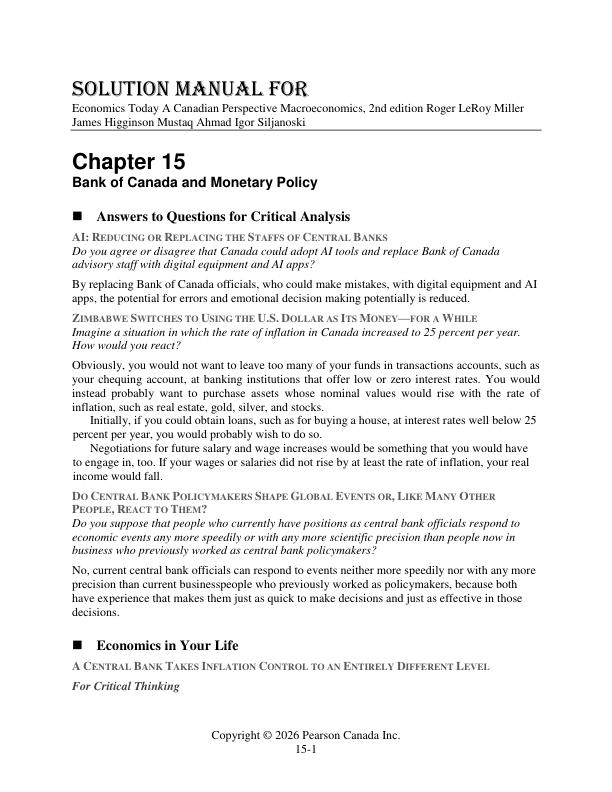 Solution Manual For Economics Today A Canadian Perspective Macroeconomics, 2nd Edition By Roger LeRoy Miller James Higginson Mustaq Ahmad Igor Siljanoski