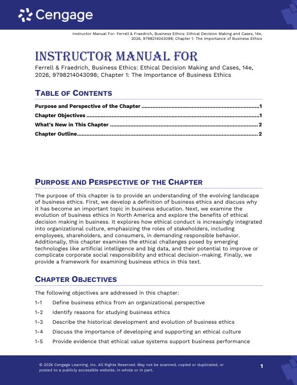 Solution Manual For Business Ethics Ethical Decision Making and Cases 14th Edition by O. C. Ferrell, John Fraedrich, Linda Ferrell Copyright 2026
