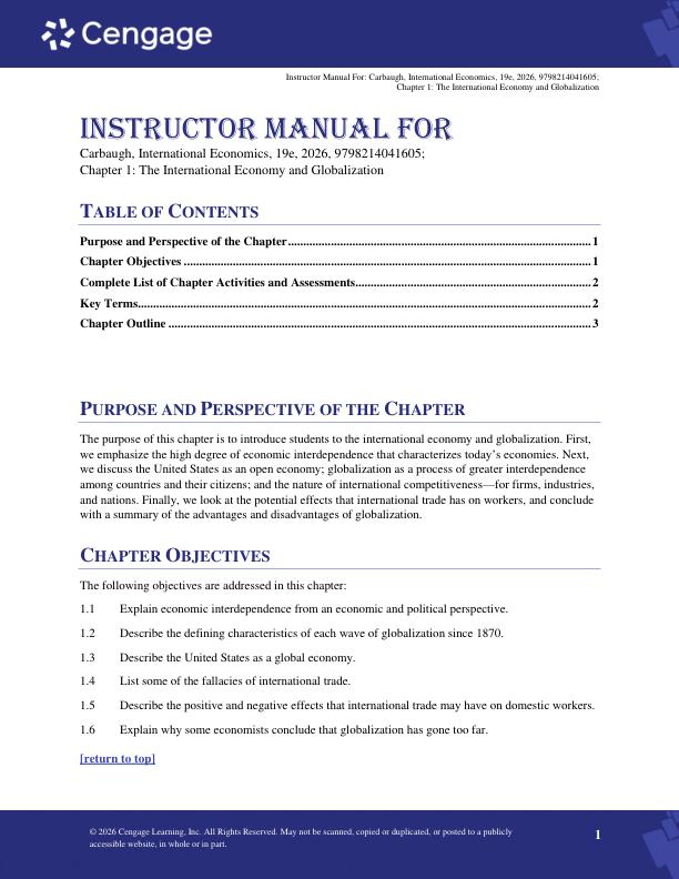 Solution Manual For International Economics 19th Edition by Robert Carbaugh Copyright 2026