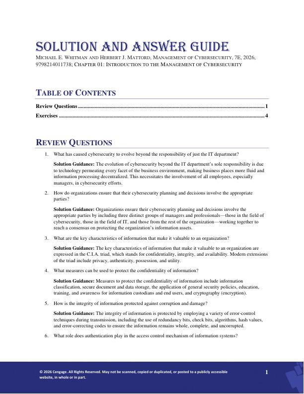 Solution Manual For  Management of Cybersecurity 7th Edition by Michael E. Whitman, Herbert J. Mattord  Copyright 2026