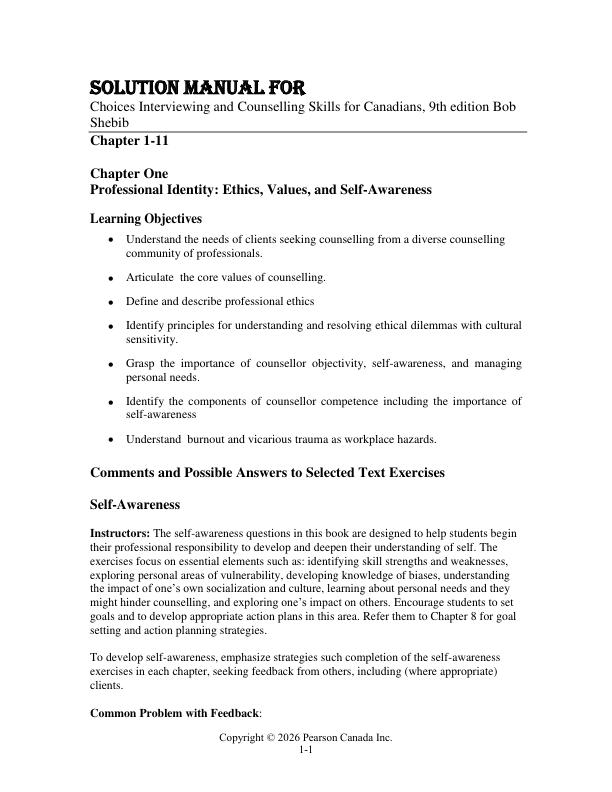 Solution Manual For Choices Interviewing and Counselling Skills for Canadians, 9th Edition Bob Shebib
