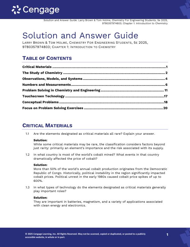 Solution Manual For Chemistry for Engineering Students 5th Edition by Lawrence S. Brown, Tom Holme Copyright 2025