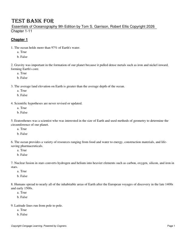 Test Bank For Essentials of Oceanography 9th Edition by Tom S. Garrison, Robert Ellis Copyright 2026