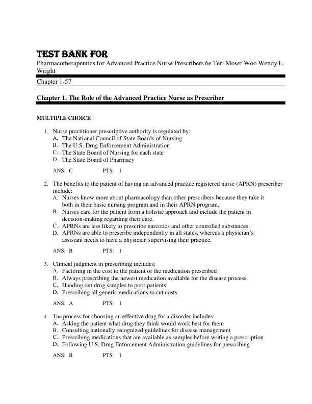 Test Bank For Pharmacotherapeutics for Advanced Practice Nurse Prescribers 6th Edition By Teri Moser Woo Wendy L. Wright