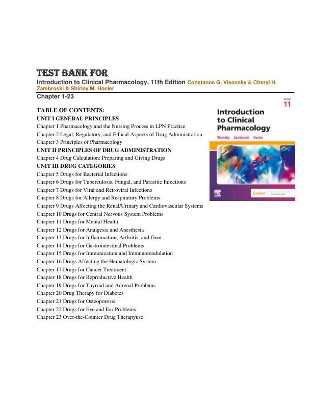 Test Bank For Introduction to Clinical Pharmacology, 11th Edition Constance G. Visovsky & Cheryl H. Zambroski & Shirley M. Hosler Chapter 1-23