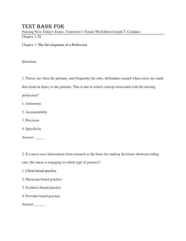 Test Bank For Nursing Now Today's Issues, Tomorrow's Trends 9th Edition By Joseph T. Catalano