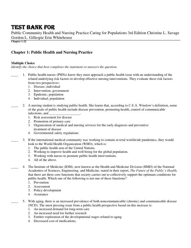 Test Bank For Public Community Health and Nursing Practice Caring for Populations 3rd Edition By Christine L. Savage Gordon L. Gillespie Erin Whitehouse