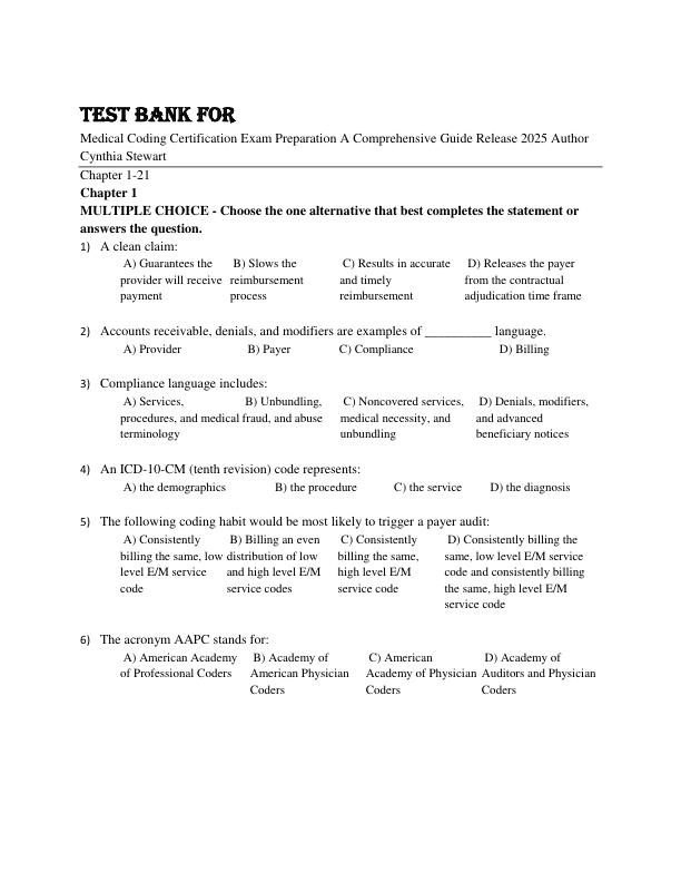 Test Bank For Medical Coding Certification Exam Preparation A Comprehensive Guide Release 2025 Author Cynthia Stewart