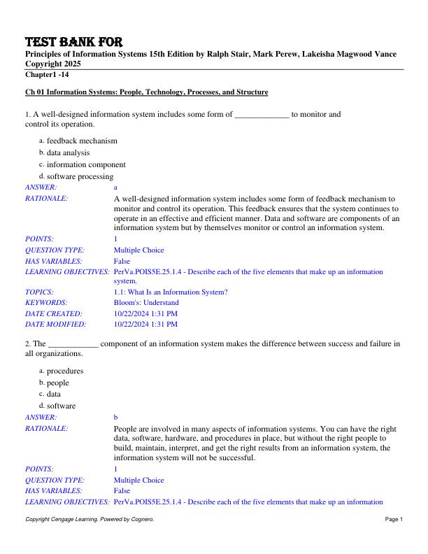 Test Bank For Principles of Information Systems 15th Edition by Ralph Stair, Mark Perew, Lakeisha Magwood Vance Copyright 2025