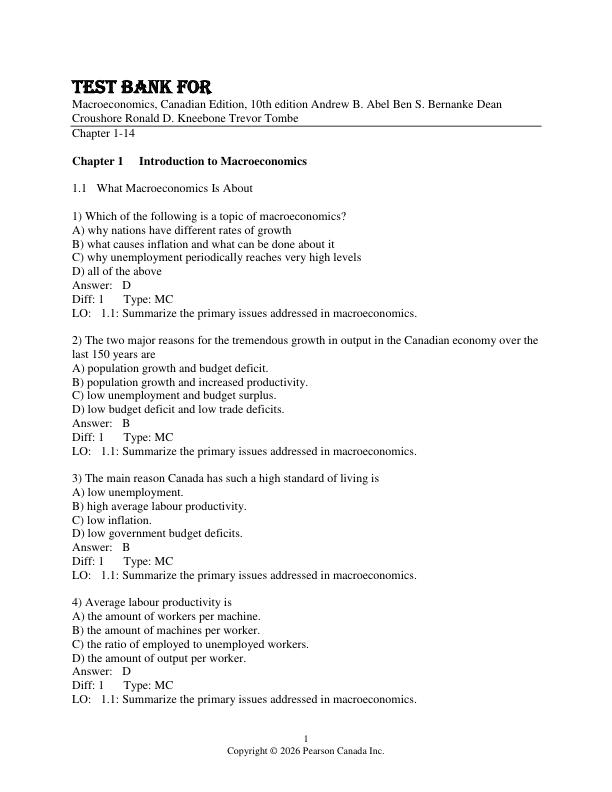 Test Bank For Macroeconomics, Canadian Edition, 10th edition Andrew B. Abel Ben S. Bernanke Dean Croushore Ronald D. Kneebone Trevor Tombe