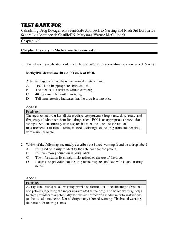 Test Bank For Calculating Drug Dosages A Patient-Safe Approach to Nursing and Math 3rd Edition By Sandra Luz Martinez de CastilloRN, Maryanne Werner-McCullough