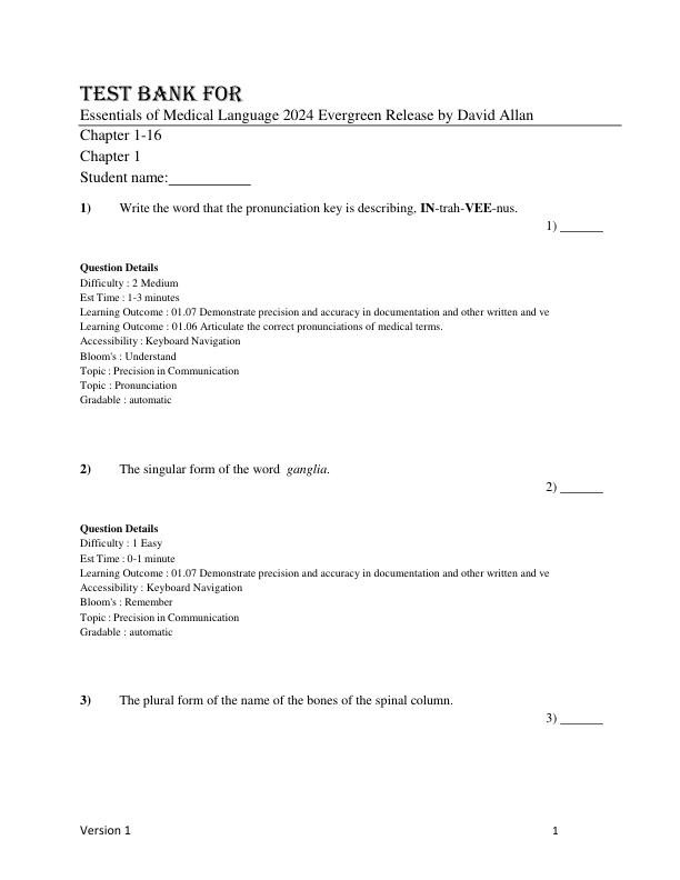 Test Bank For Essentials of Medical Language 2024 Evergreen Release by David Allan