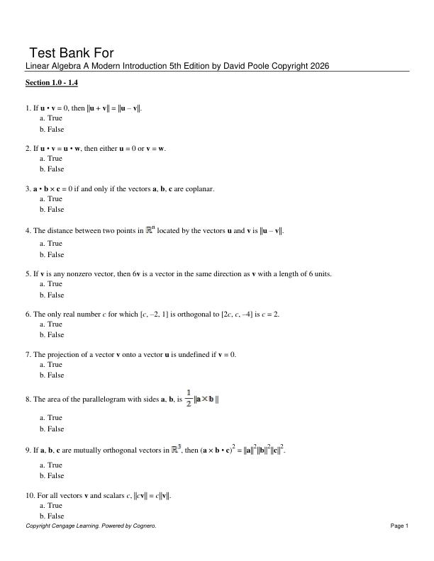Test Bank For Linear Algebra A Modern Introduction 5th Edition by David Poole Copyright 2026