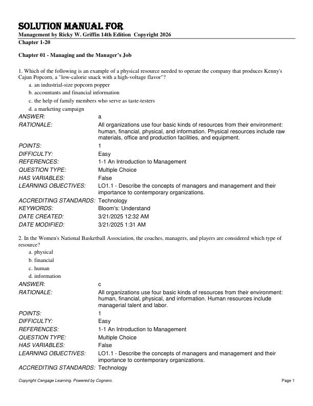 Test Bank For Management by Ricky W. Griffin 14th Edition  Copyright 2026